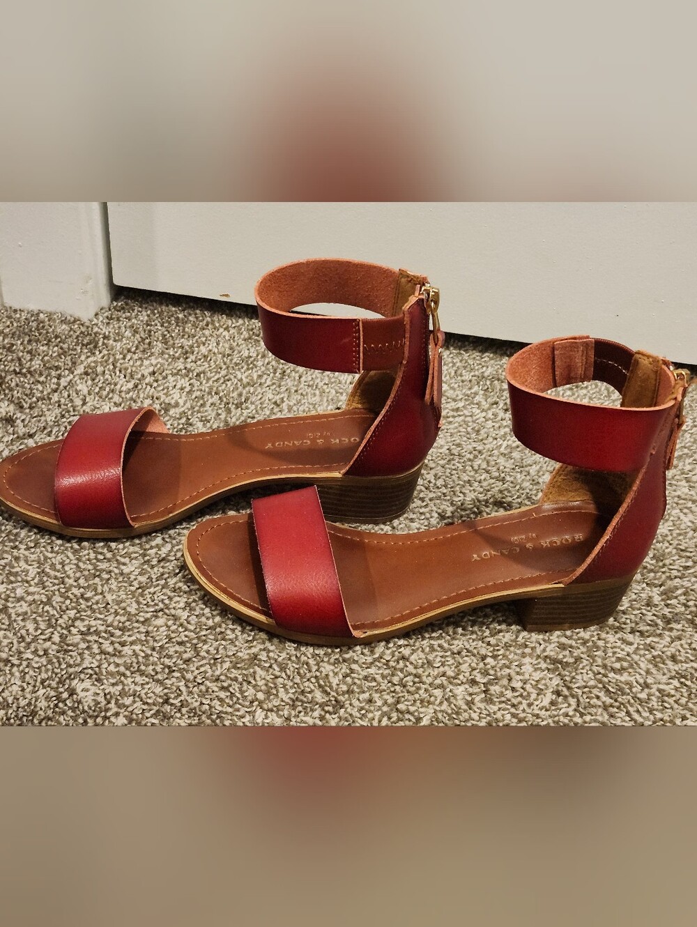 Rock & Candy Red Ankle-Strap Low Block Heel Sandals